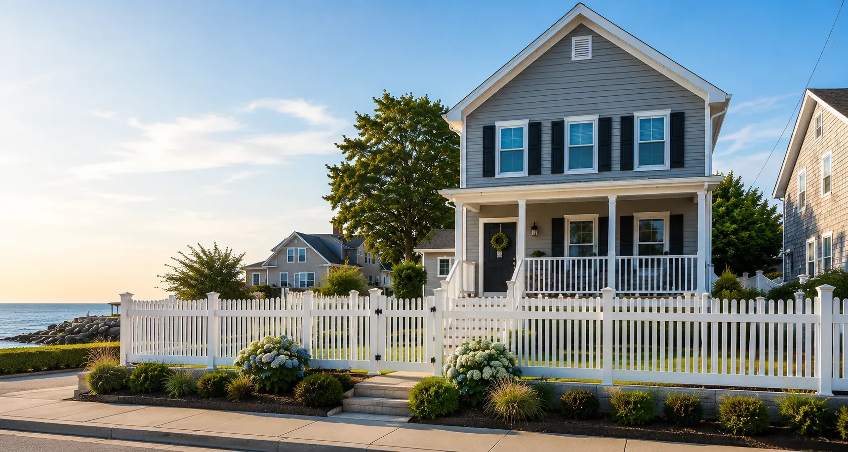 White picket fence enclosing a coastal waterfront home at golden hour, fencing supplied by NMI Fence
